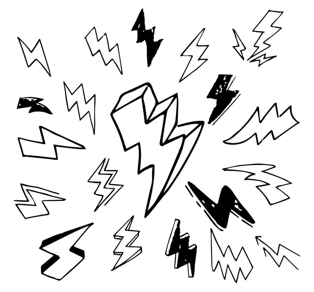 set of hand drawn vector doodle electric lightning bolt symbol sketch illustrations. thunder, vector ilustration
