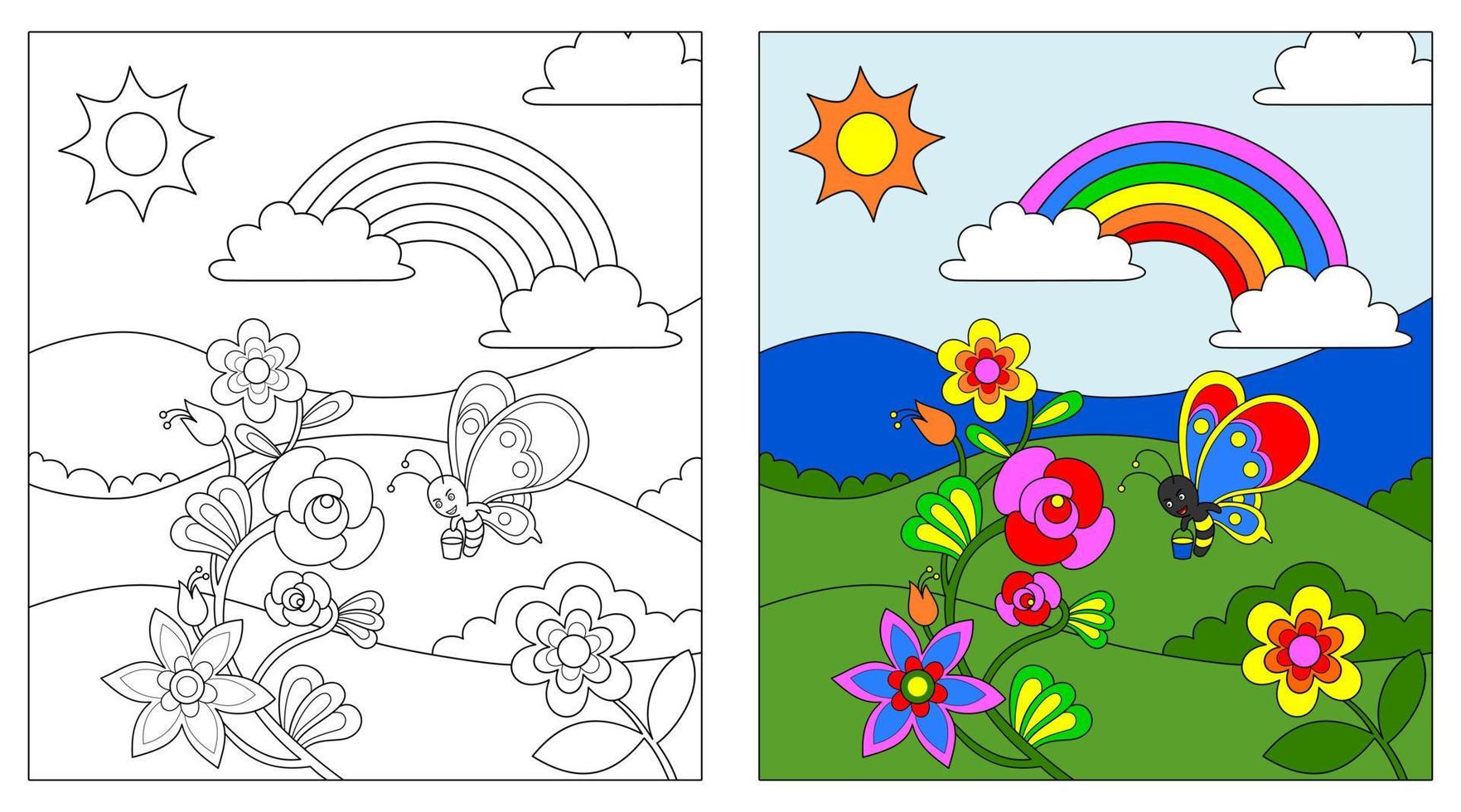 flores y mariposas para colorear libro o página, educación para niños, ilustración vectorial. vector