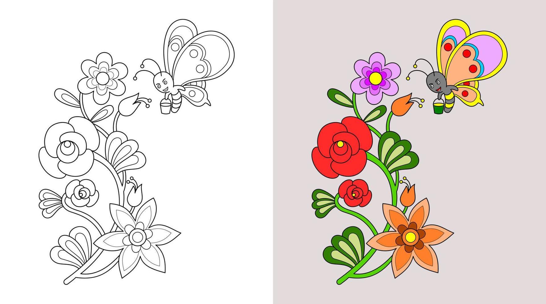 flores y mariposas para colorear libro o página, educación para niños,  ilustración vectorial. 5883243 Vector en Vecteezy