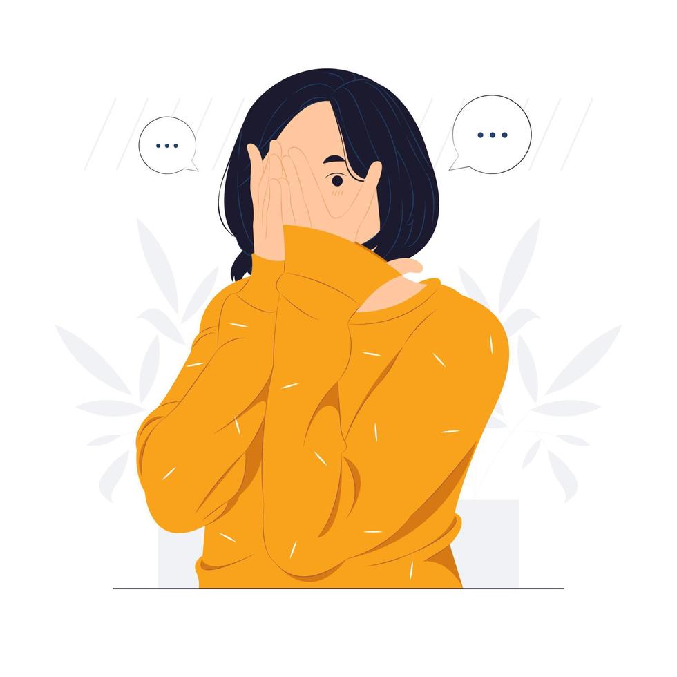Timid girl covering face with hand and peeking through, embarrassing, feeling sorry, shying concept illustration vector