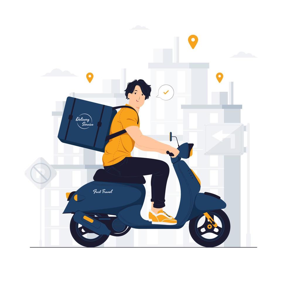 Delivery man courier shipping order with bag riding scooter concept illustration vector