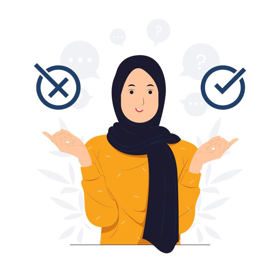las mujeres musulmanas eligen entre derecha o izquierda, sí o no, decisiones comerciales, dilema ético, elección, ilustración conceptual indecisa vector