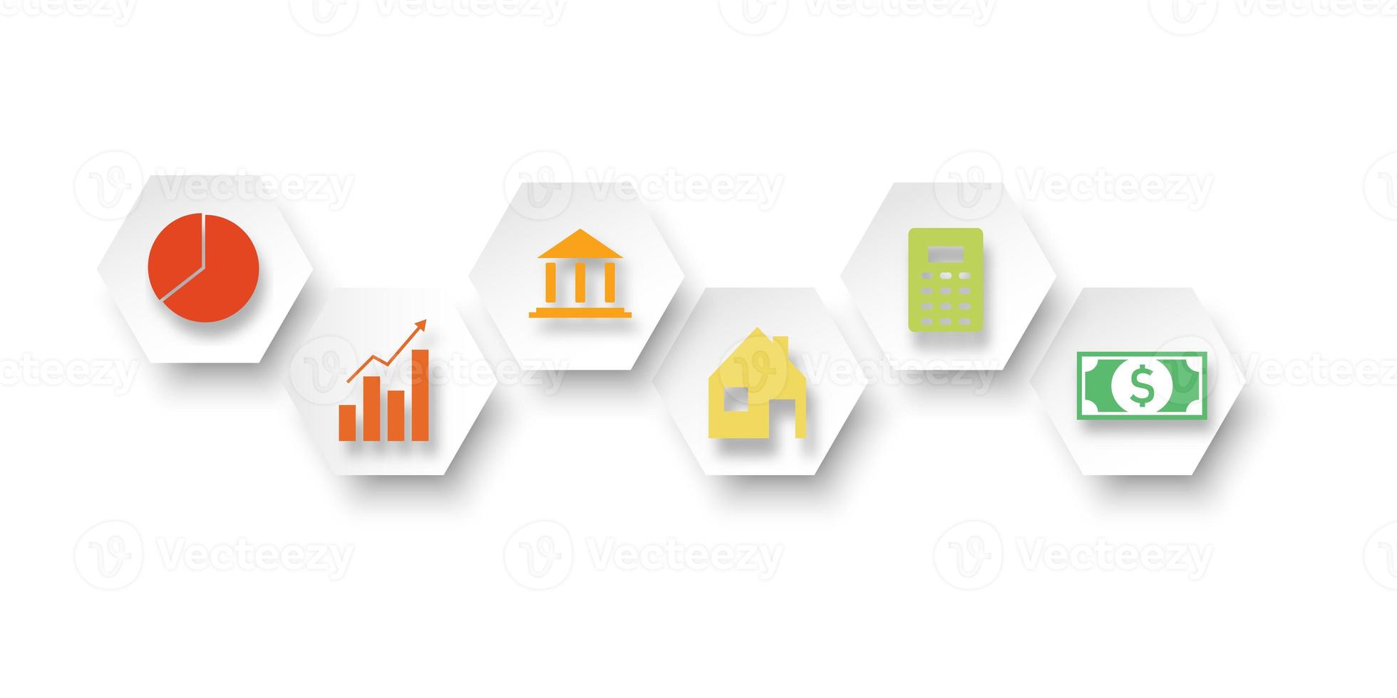 Investment, wealth, and business concept. Papercut style icons such as real estate, accounting, graph growing, money and finance, and banking on white background for presentation, web banner. photo