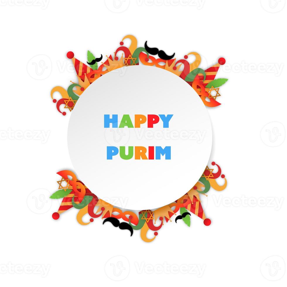 estilo de arte en papel del carnaval de purim. un círculo blanco con colores de feliz purim con sombrero, corona, máscara elegante, estrella de david para tarjeta de saludo, pancarta, sitio web. fiesta judía. foto