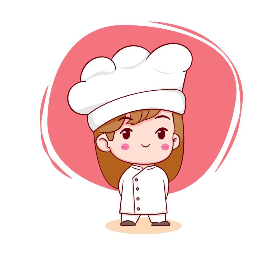 lindo chef chica chibi personaje de dibujos animados ilustración vector