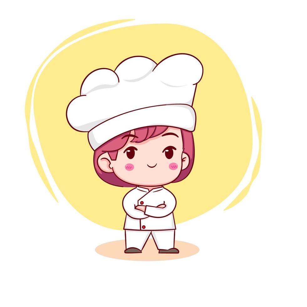 Cute chef girl chibi cartoon character illustration vector