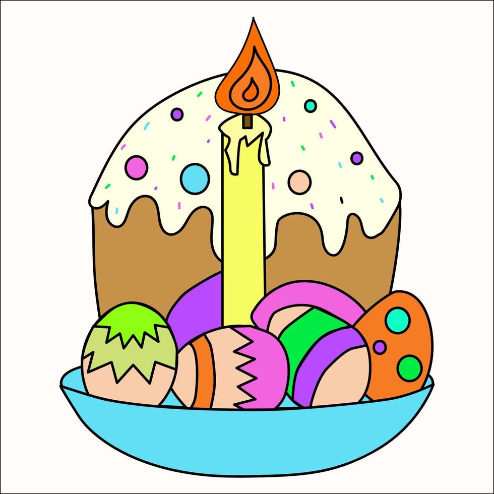 pastel ruso de pascua, requesón, huevos coloridos y rama de sauce. aislado en la ilustración de vector blanco. eps 10