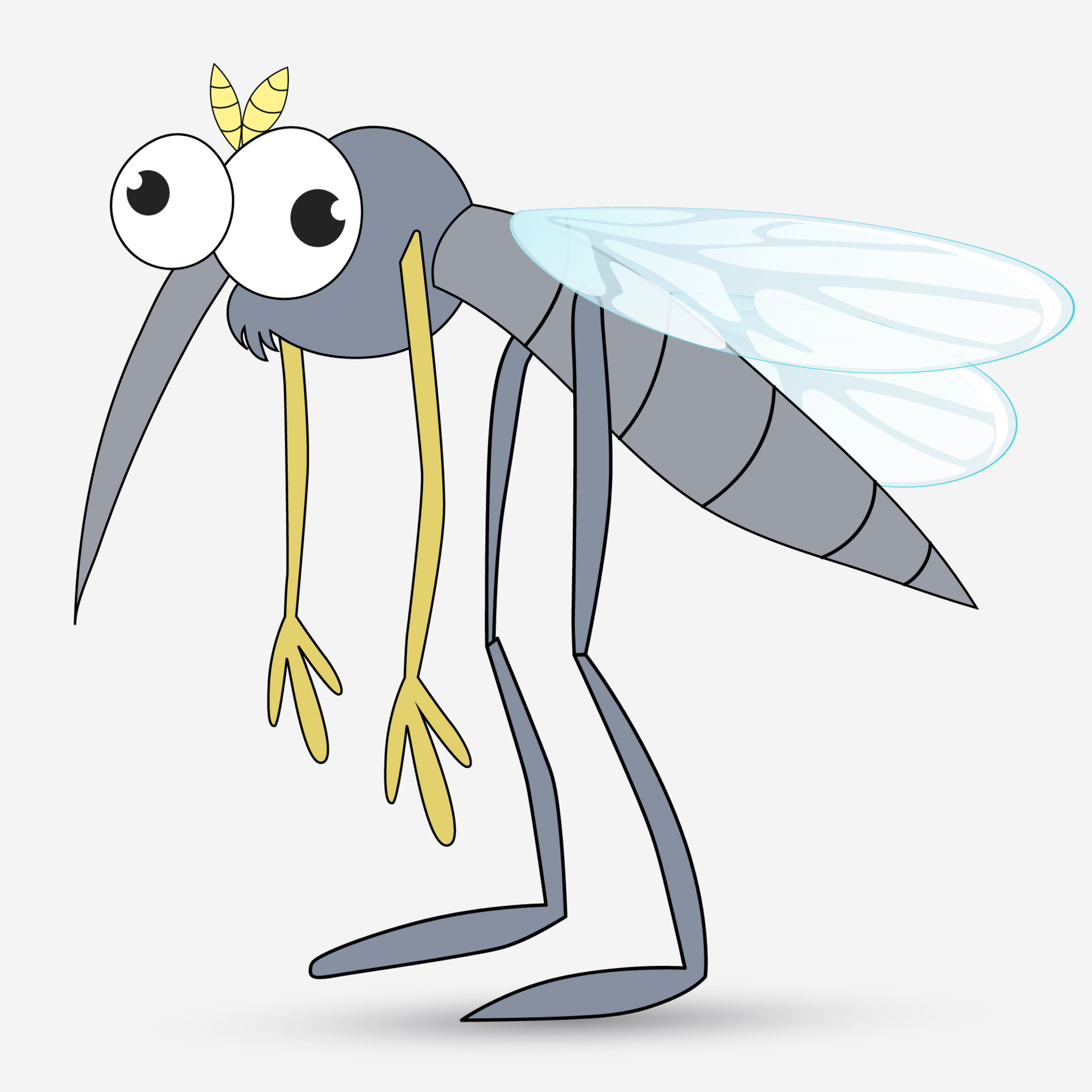 Funny cartoon mosquito character with googly eyes and long curved