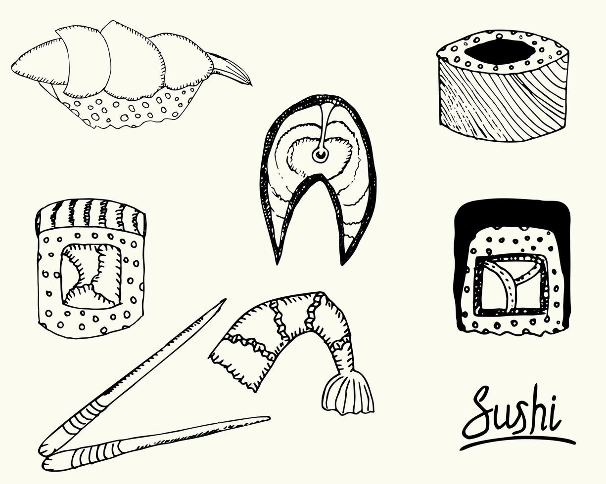 Set, sushi maki, Japanese cuisine. Roll, hand-drawn on white background vector