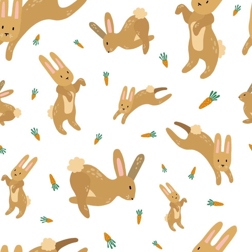 Pascua de patrones sin fisuras de conejitos de primavera con zanahorias. la ilustración vectorial es excelente para pancartas, papel tapiz, embalaje, textiles. vector