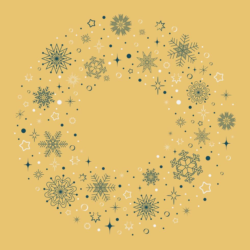 round frame with a pattern of blue and white snowflakes on a beige background vector