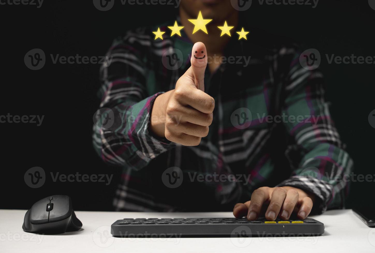 customer hand with thumb up Positive emotion smiley face icon and five star photo