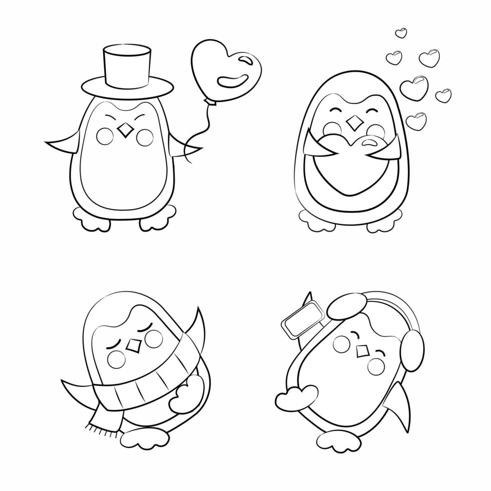 A set of cute black and white contour-drawn dancing, listening to music and funny penguins.  Holiday penguin characters isolated vector illustration set. Funny holidays penguins.