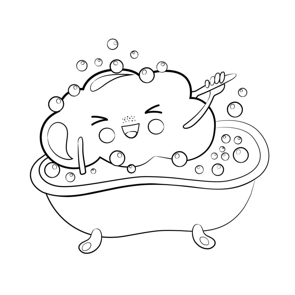 Cute  black and white contour-drawn cartoon cloud bathing in the bathroom. Cartoon vector illustration. Kawaii, children's isolated vector illustration.  Cloud illustration.  Coloring page.