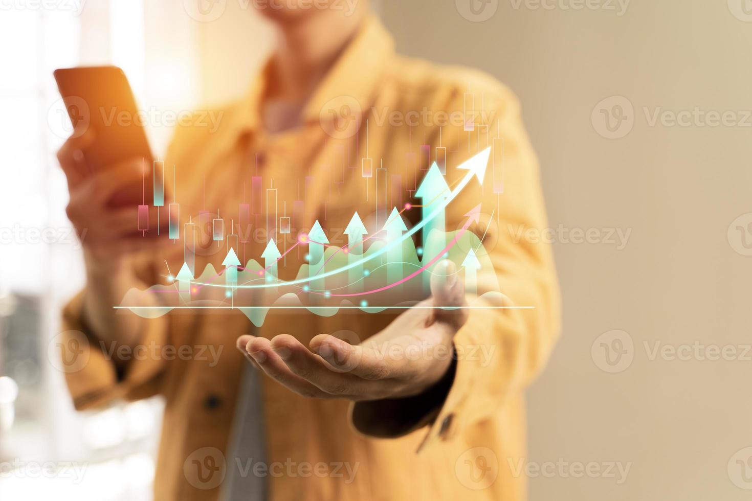 Man enjoyed stock trading at home with virtual holographic graphs and stock market statistics photo
