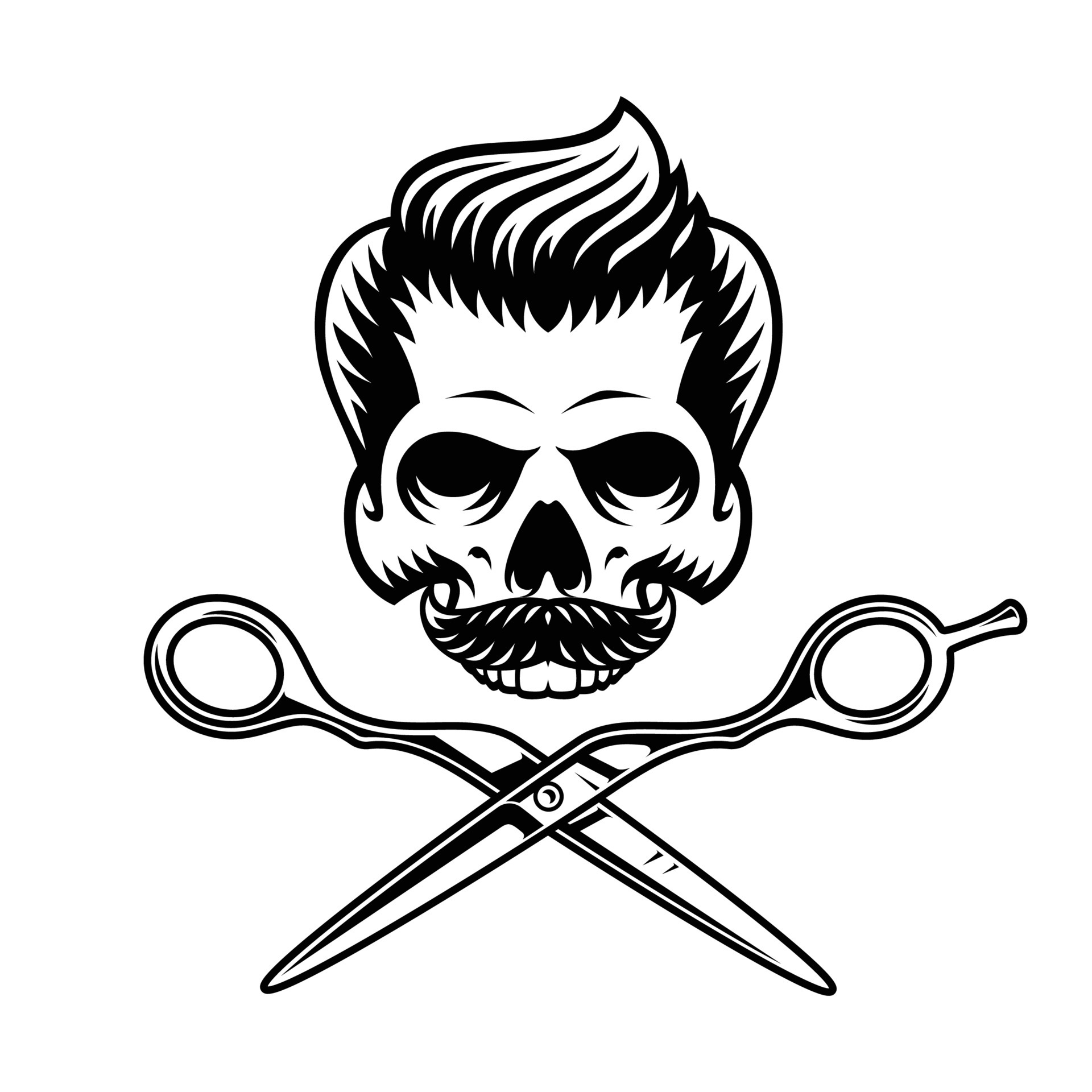 Bearded human skull and crossed razor and scissors. Digital