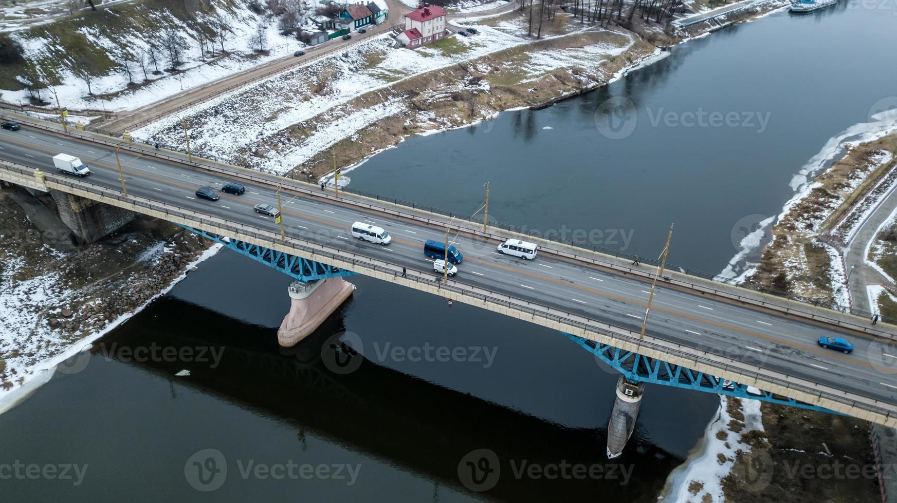 bridge over the river aerial photography in winter photo