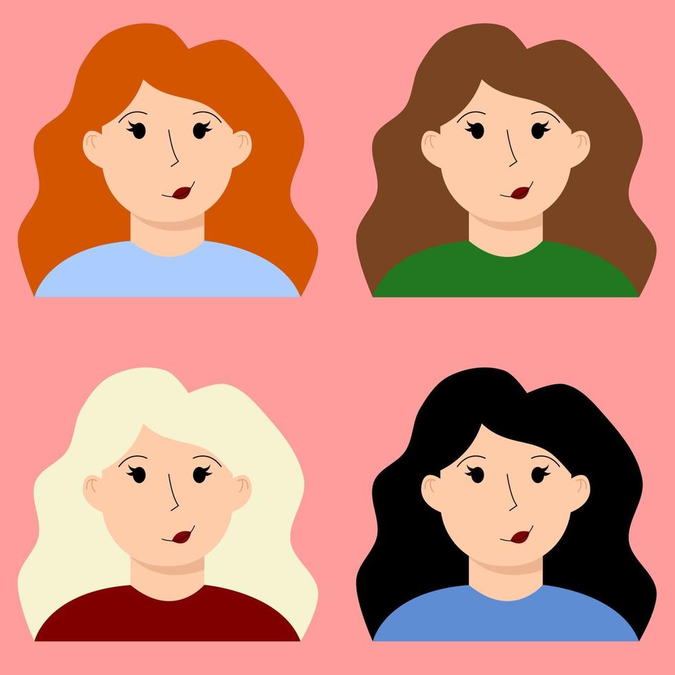 un conjunto de avatares vectoriales. avatares femeninos con cabello oscuro y claro, personajes. ilustración vectorial en estilo de dibujos animados plana vector