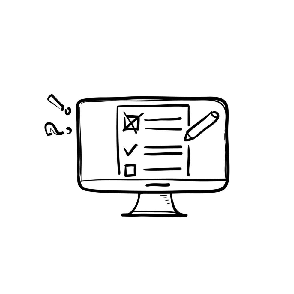 hand drawn Online exam, checklist and pencil, taking test, choosing answer, questionnaire form, education concept, doodle vector