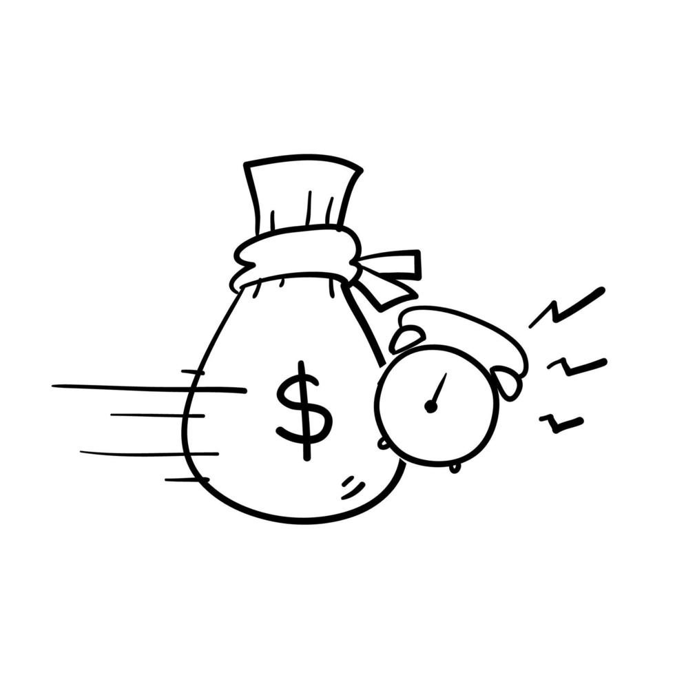 hand drawn money bag and timer symbol for Quick and easy loan, fast money providence, business and finance services, timely payment, financial solution,doodle vector