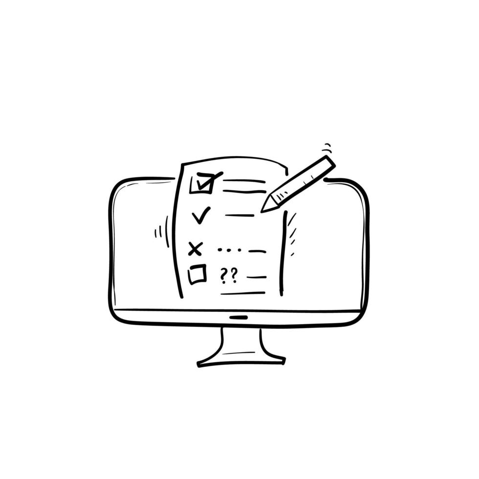 hand drawn Online exam, checklist and pencil, taking test, choosing answer, questionnaire form, education concept, doodle vector