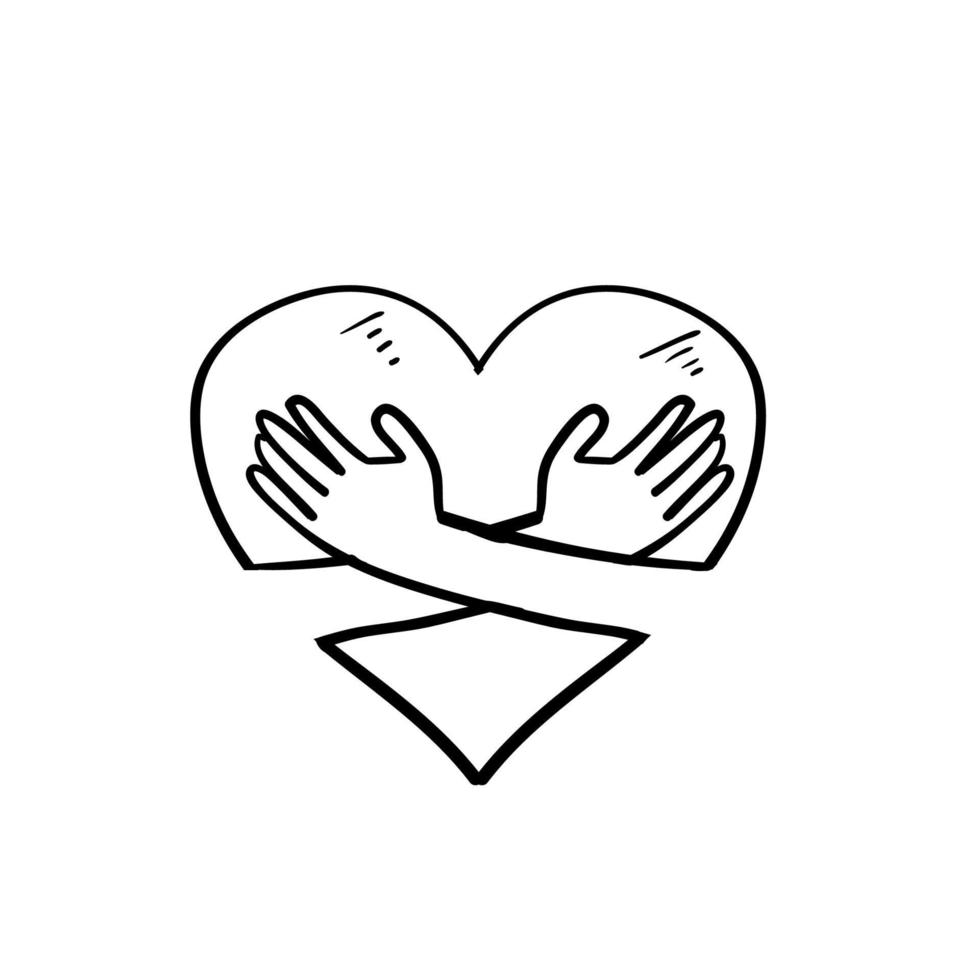 hand drawn doodle heart with hand hug gesture illustration vector