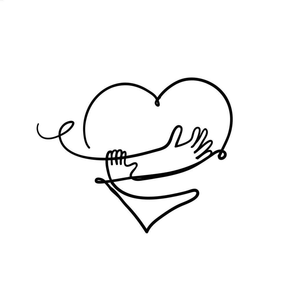 hand drawn doodle heart with hand hug gesture illustration vector