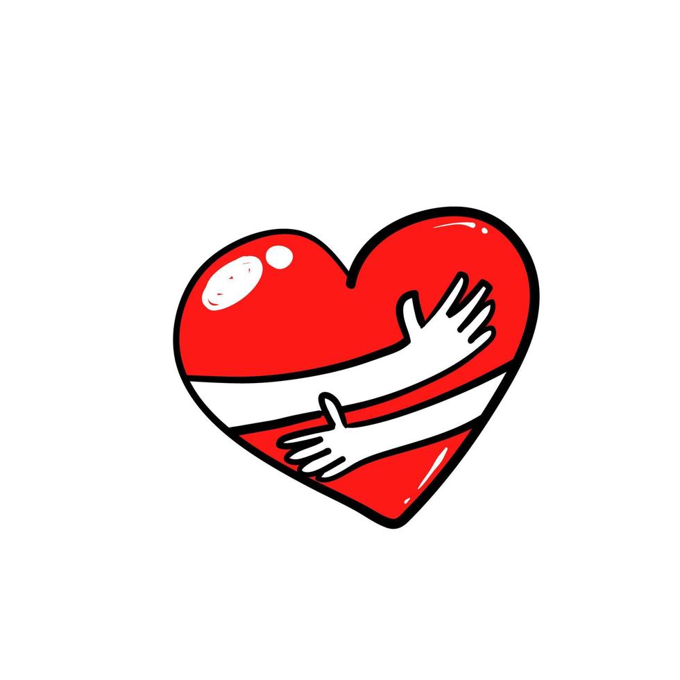 hand drawn doodle heart with hand hug gesture illustration vector