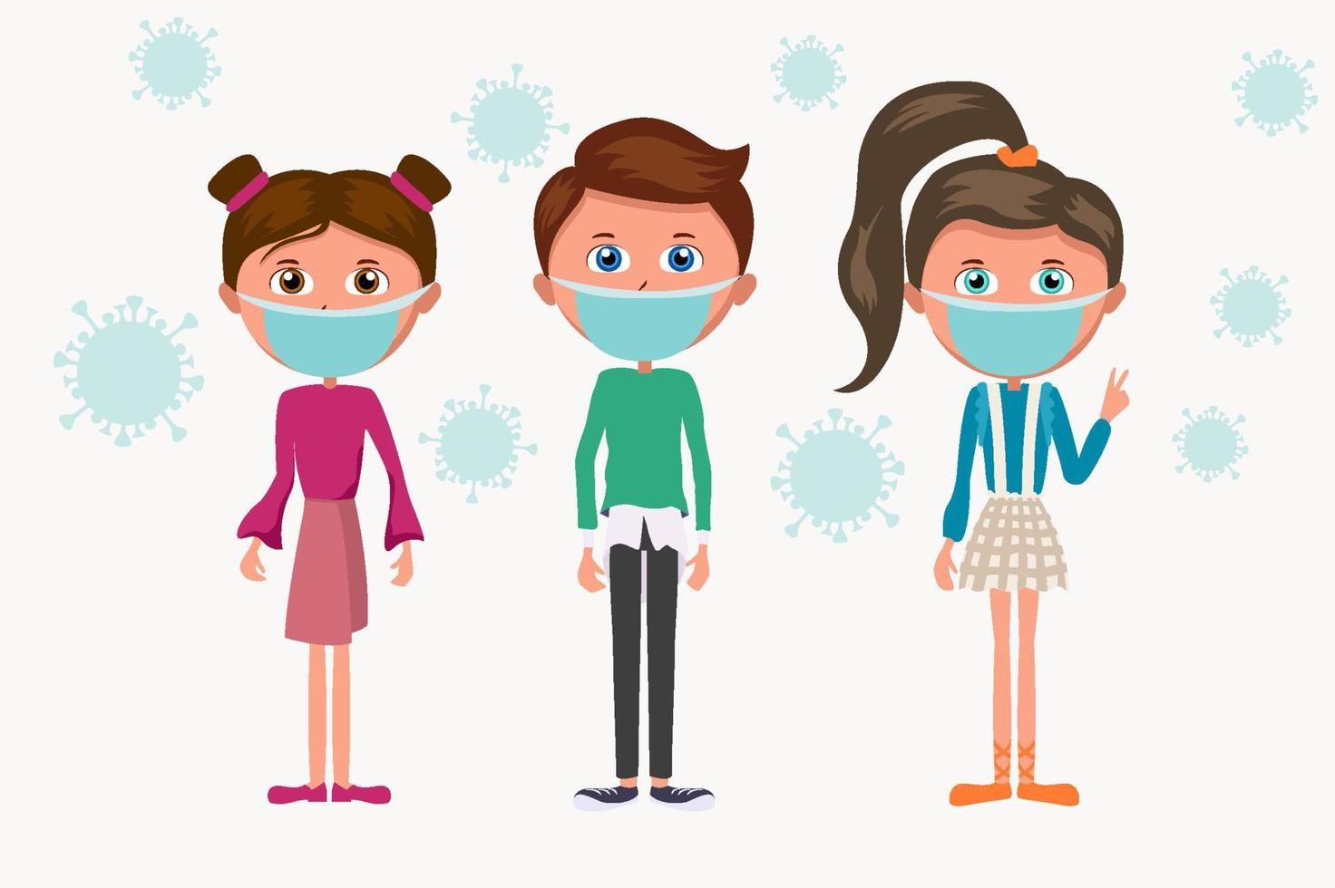 grupo de dibujos animados de niños con máscara médica azul. los niños y la epidemia de bacterias coronavirus. vector
