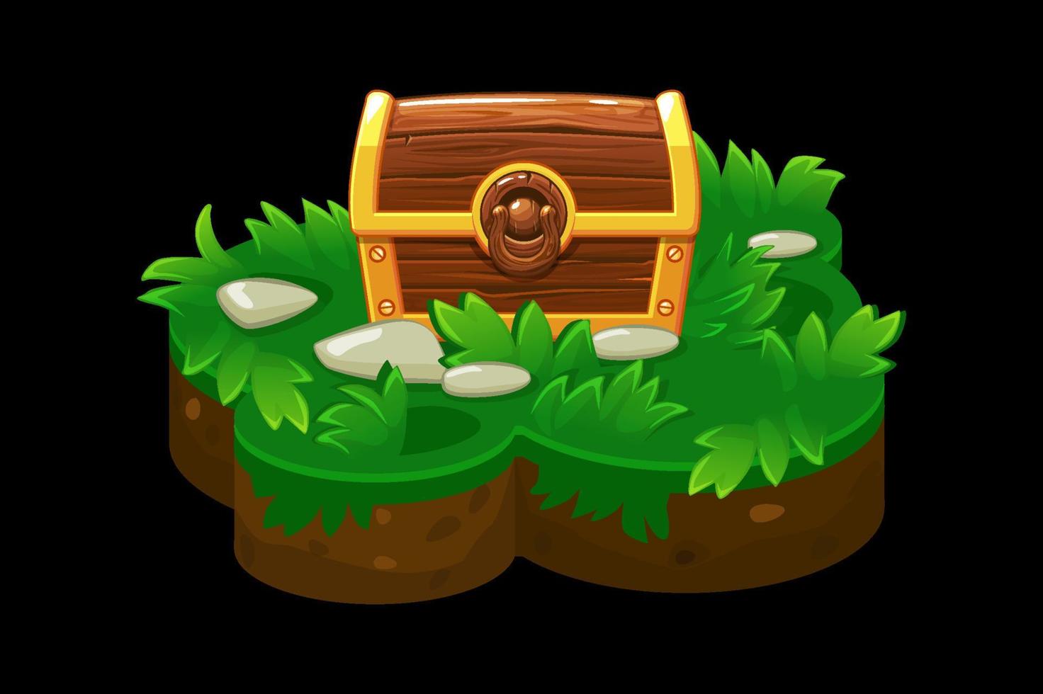 An open treasure chest on an isometric grass platform. Wooden chest with gold coins on the island for the game. vector