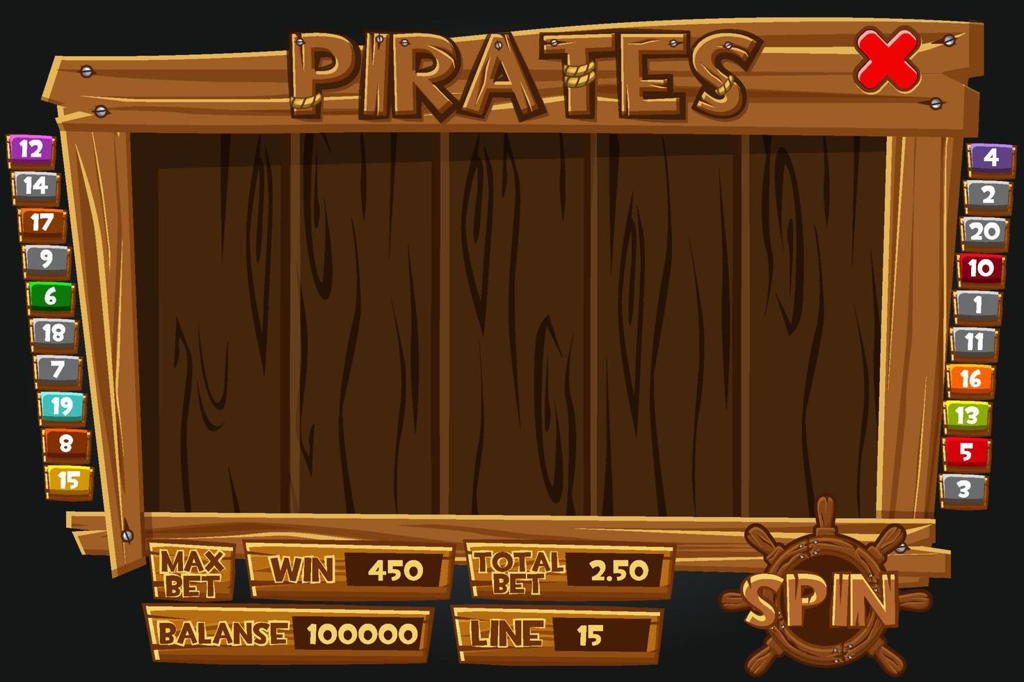 Completa interfaz de menú pirata para máquinas tragamonedas. menú de madera con iconos y botones para el juego. vector