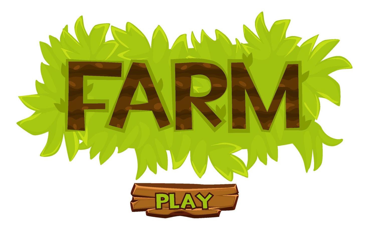 Vector grass bush farm logo for ui game. Cartoon illustration of lettering and wooden play button.