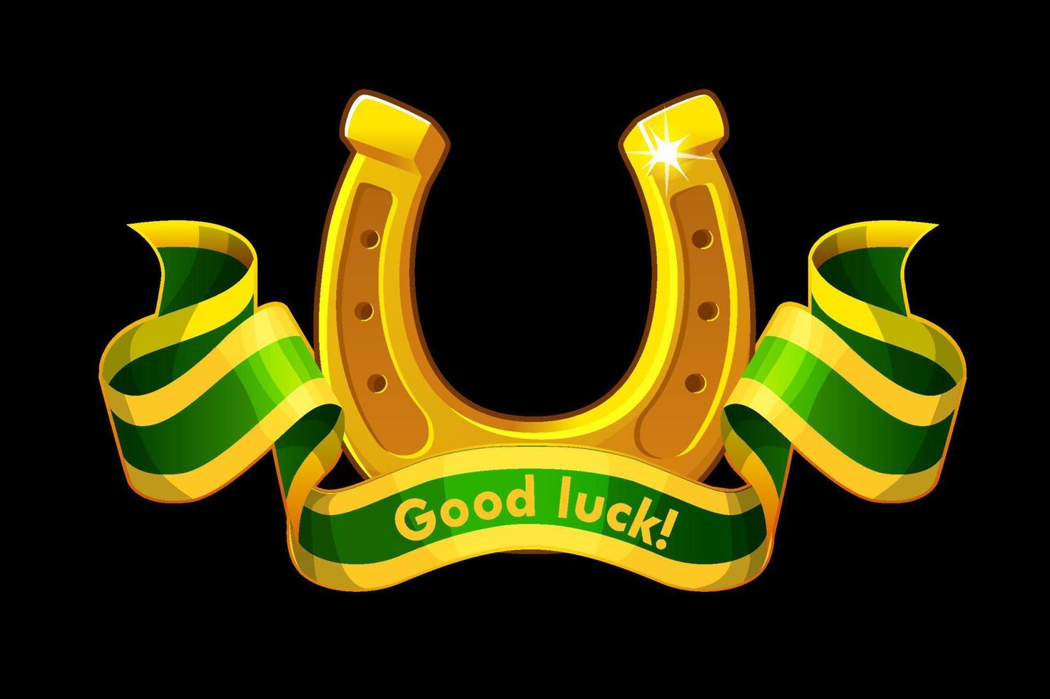 Vector banner of golden horseshoe with green ribbon. Good luck patricks day postcard illustration.
