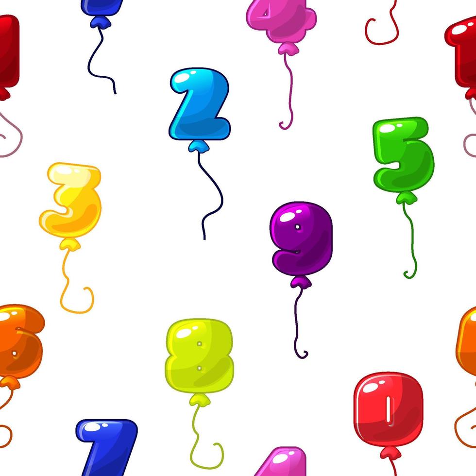 Seamless texture pattern of bright balloons numbers. Multicolored balloons figures shapes for background. vector