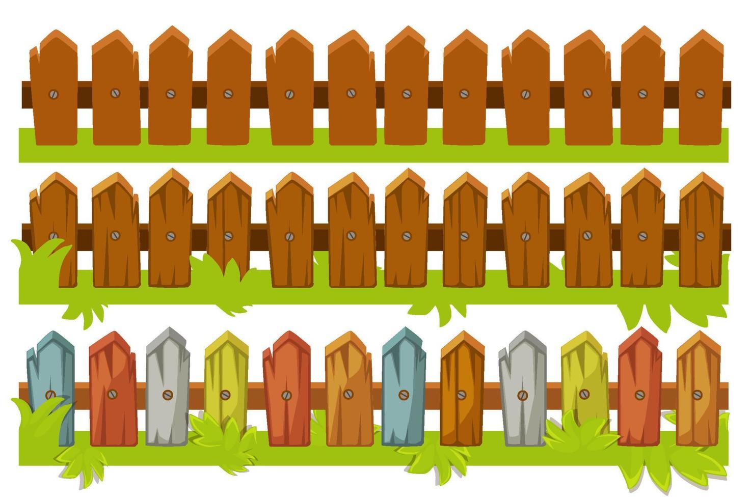 Vector illustration of a set of wooden fences. Brown and colored fence with grass.