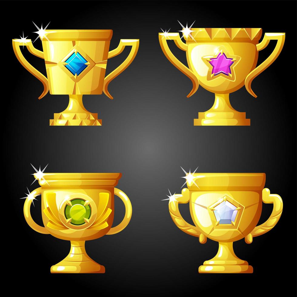 Gold cups of awards with precious stones to play. vector