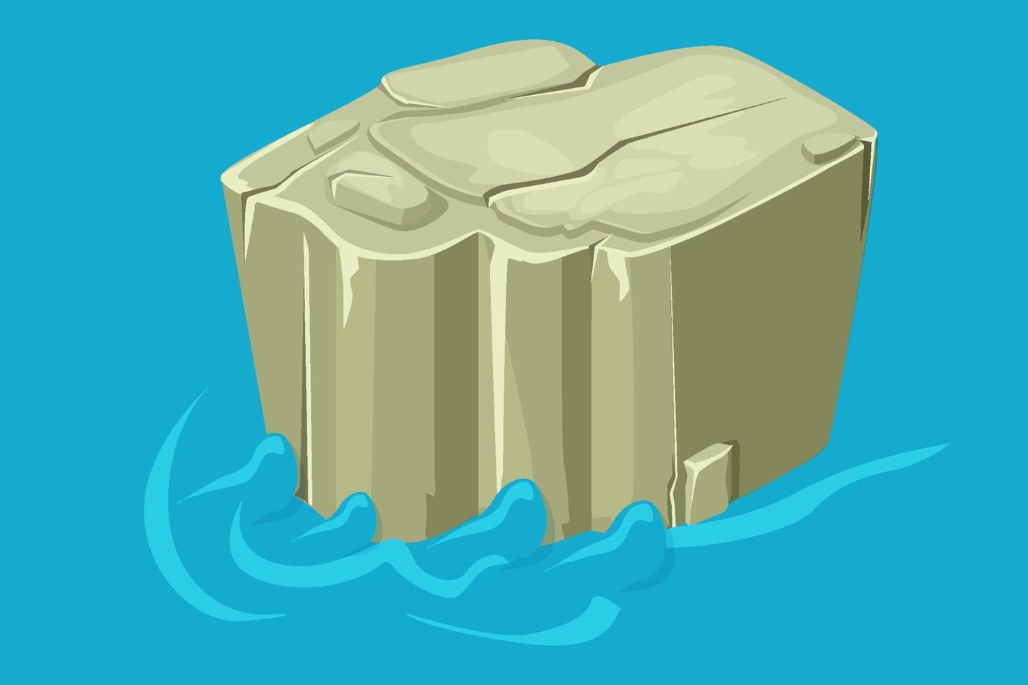 Isometric platform of stone rock on the water. Stone island on the river or sea. vector