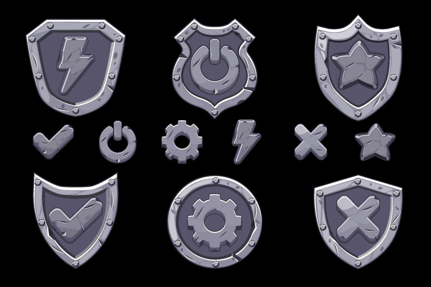 Set of stone menu shields icons for the game. Isolated icons of options, settings, energy for the interface. vector
