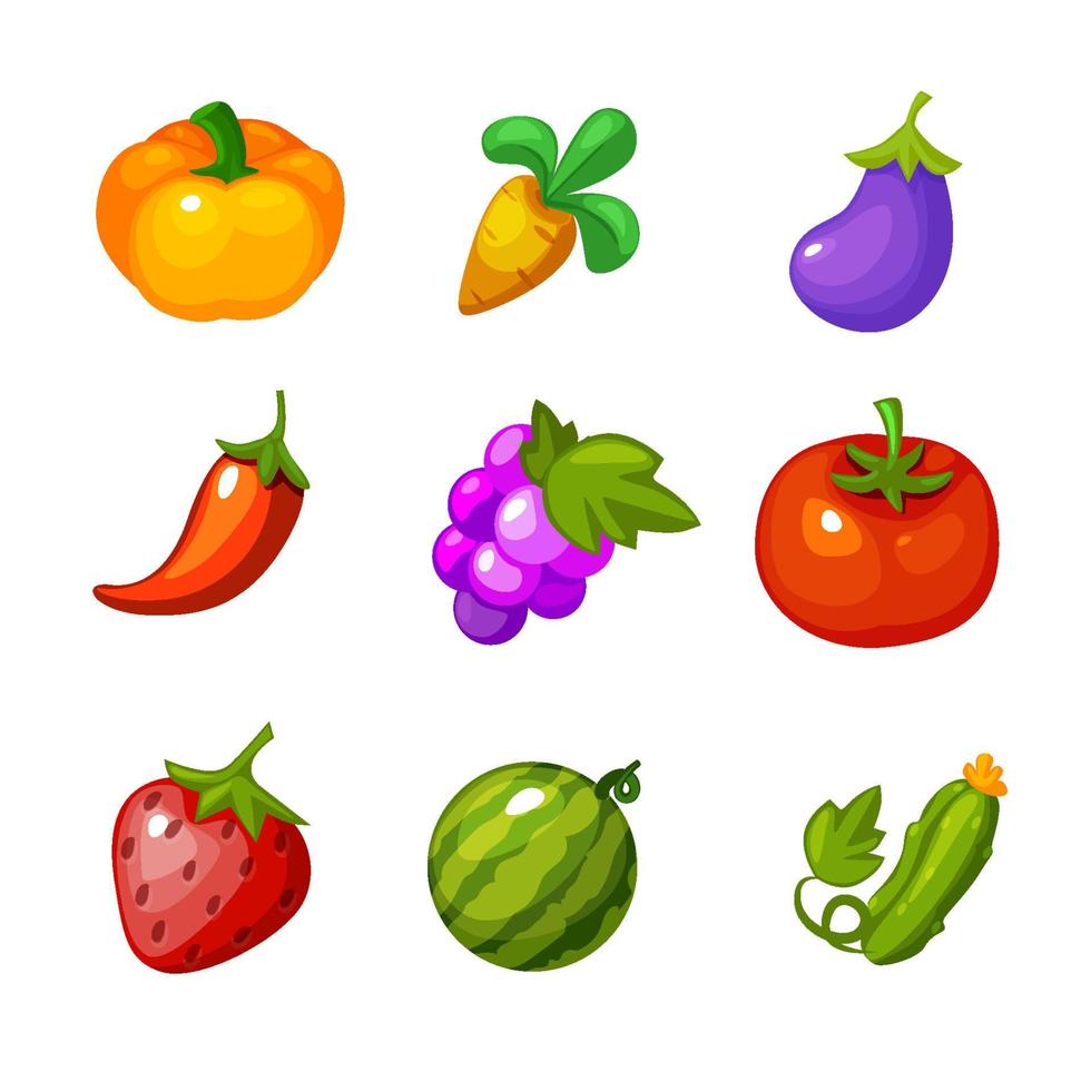 Set of vector vegetables and berries for farm games. Collection of cartoon isolated berries.