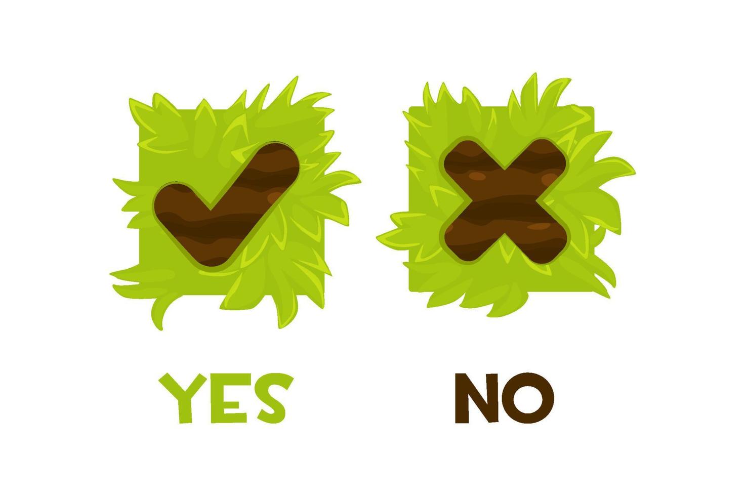 Set of vector grass buttons yes or no. Isolated square icons for games.