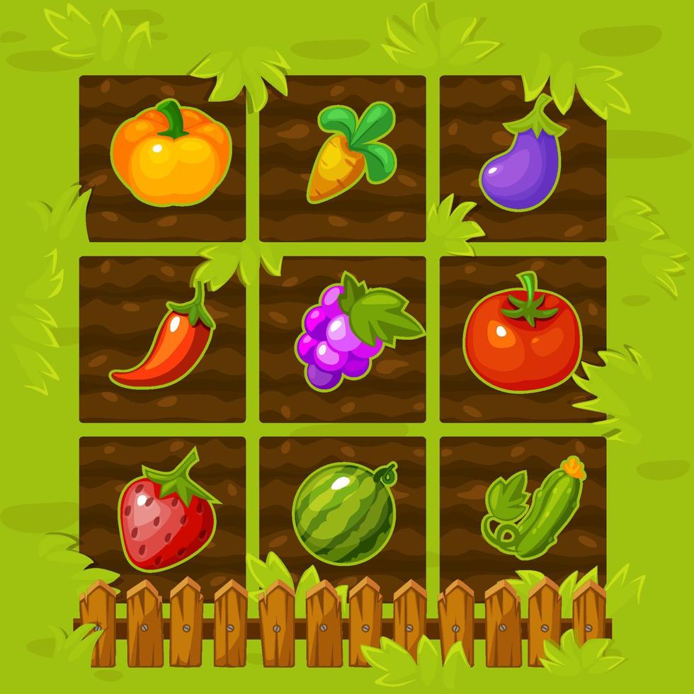 Vector farm game field match 3 with with a wooden fence and berries. Isolated square beds with vegetables.