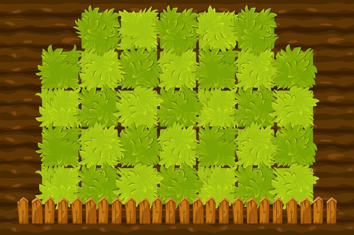 Vector farming game field with green bushes. Background Fenced garden beds with a wooden fence.