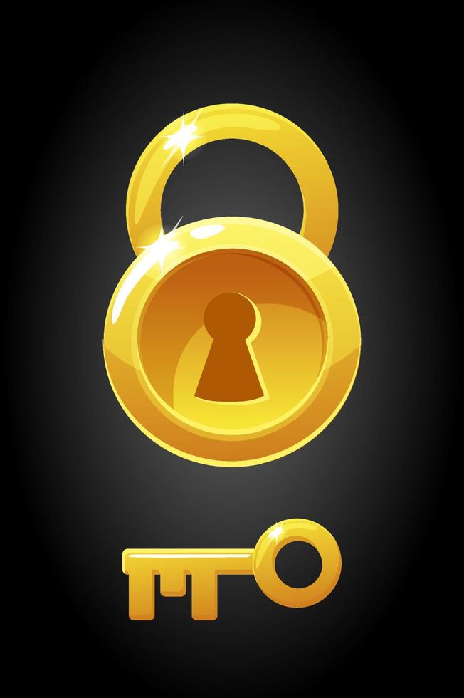 Vector gold round lock and key icons. Graphic illustration of a simple