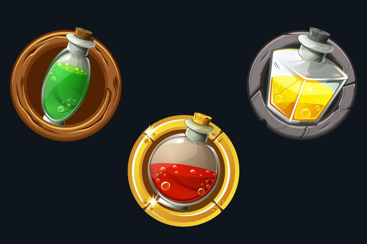 Set of vector icons potions in texture frames. Collection of cartoon isolated jars of elixir.