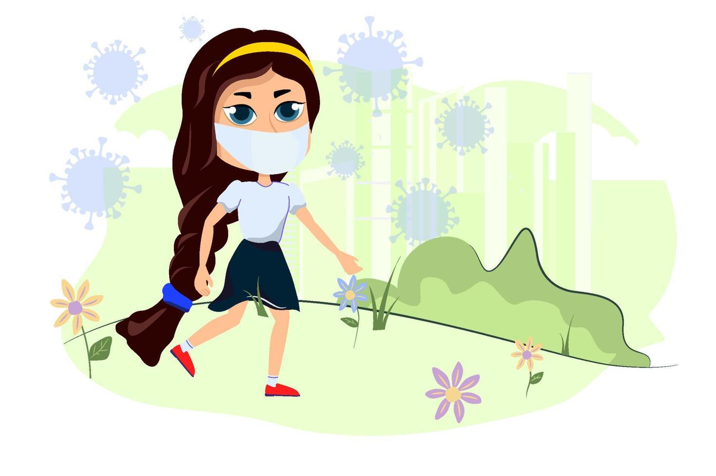 The girl walks in nature and an epidemic of coronavirus. Character girls and virus covid-19. vector