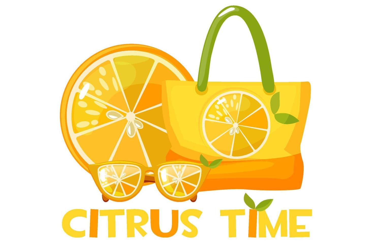 Sunglasses, beach bag and slice of orange. The inscription citrus time and set objects. vector