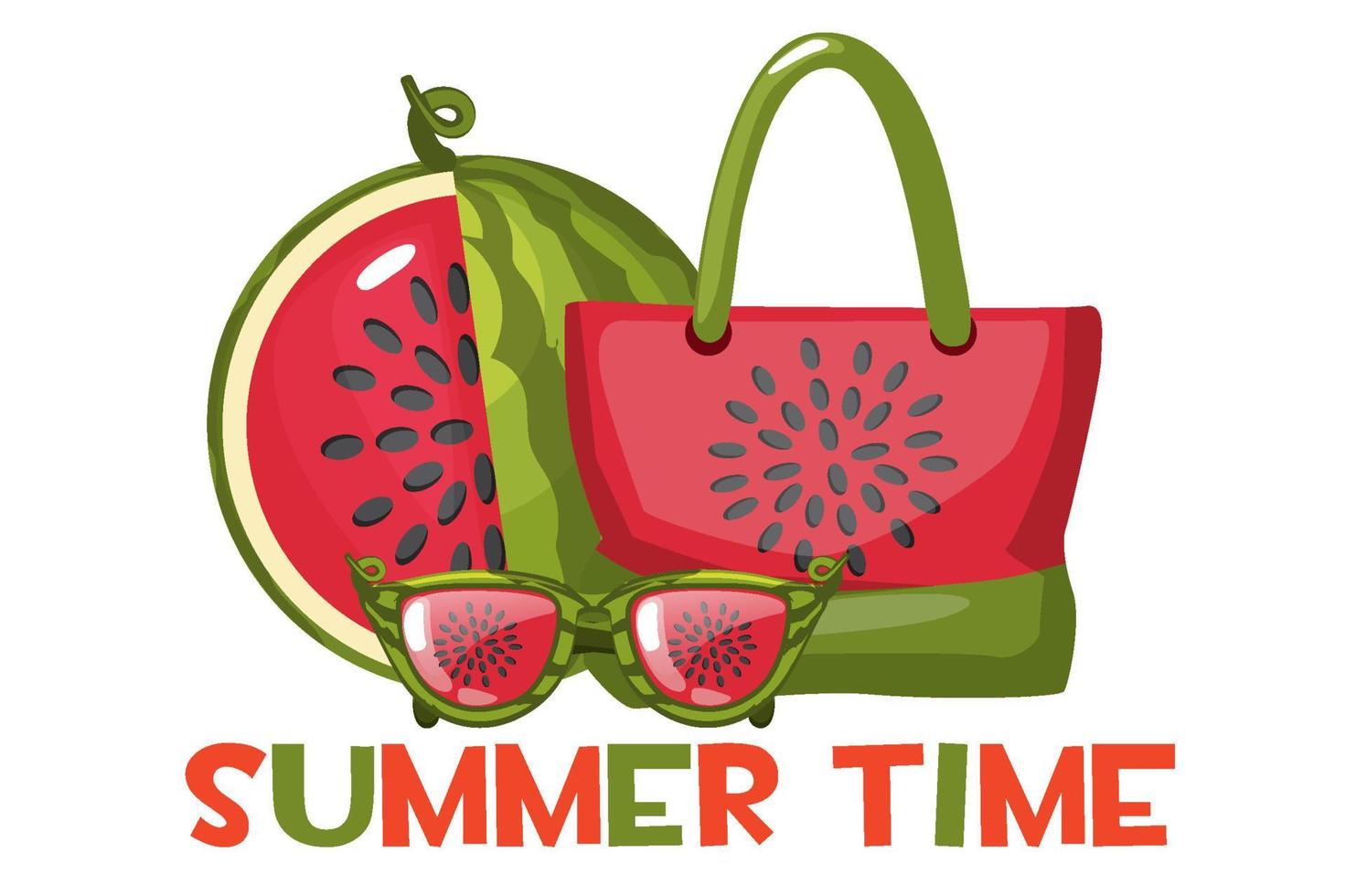 Sunglasses, a beach bag and a sliced watermelon. Set of beach objects and logo. vector