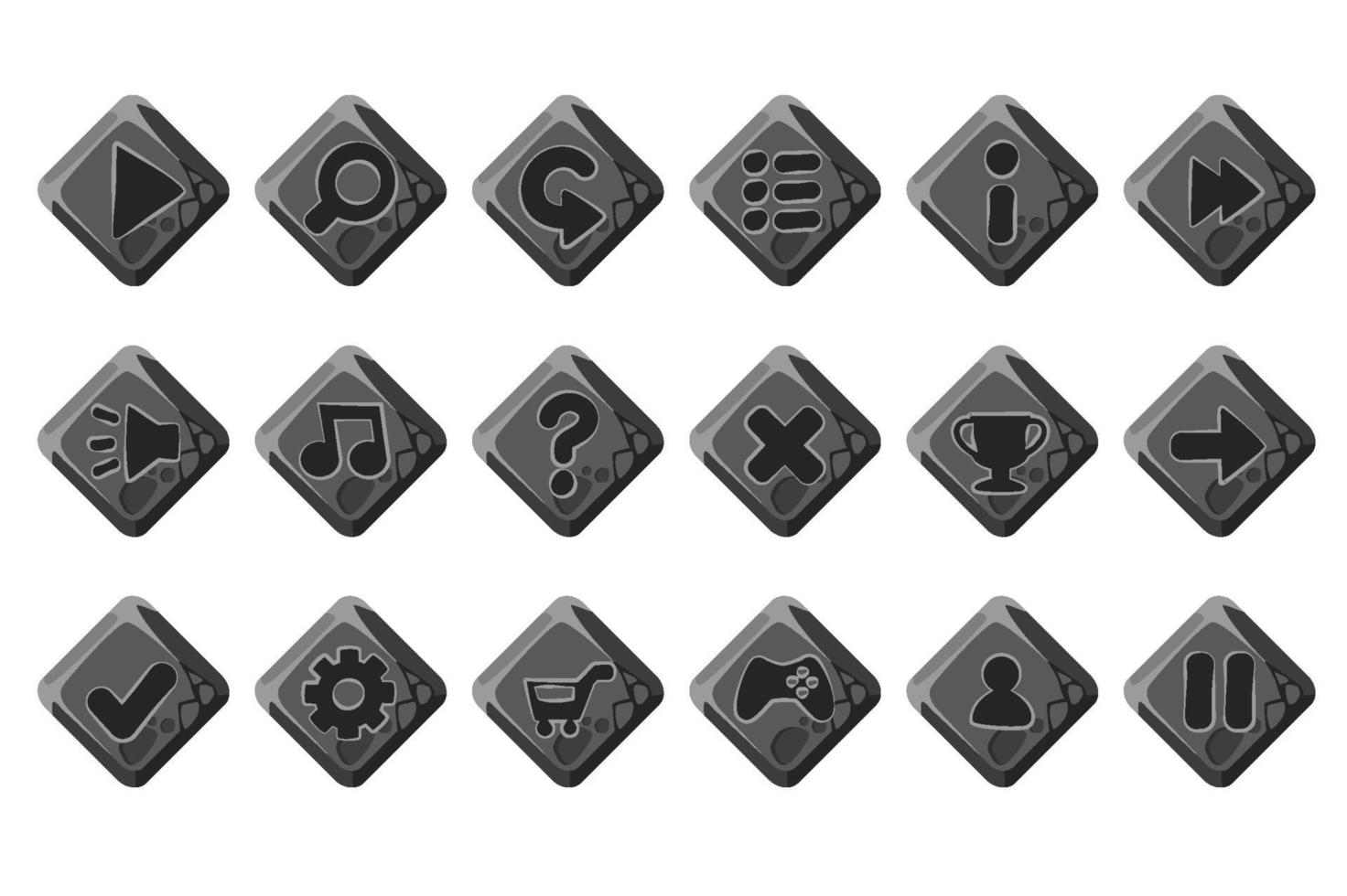 Set of vector cartoon stone buttons for game menu. Isolated gray icons for interface.