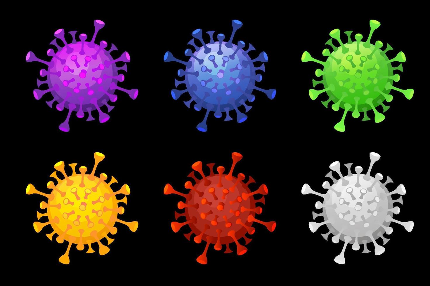 conjunto de coronavirus multicolores brillantes bajo el microscopio. una colección de virus o bacterias. vector