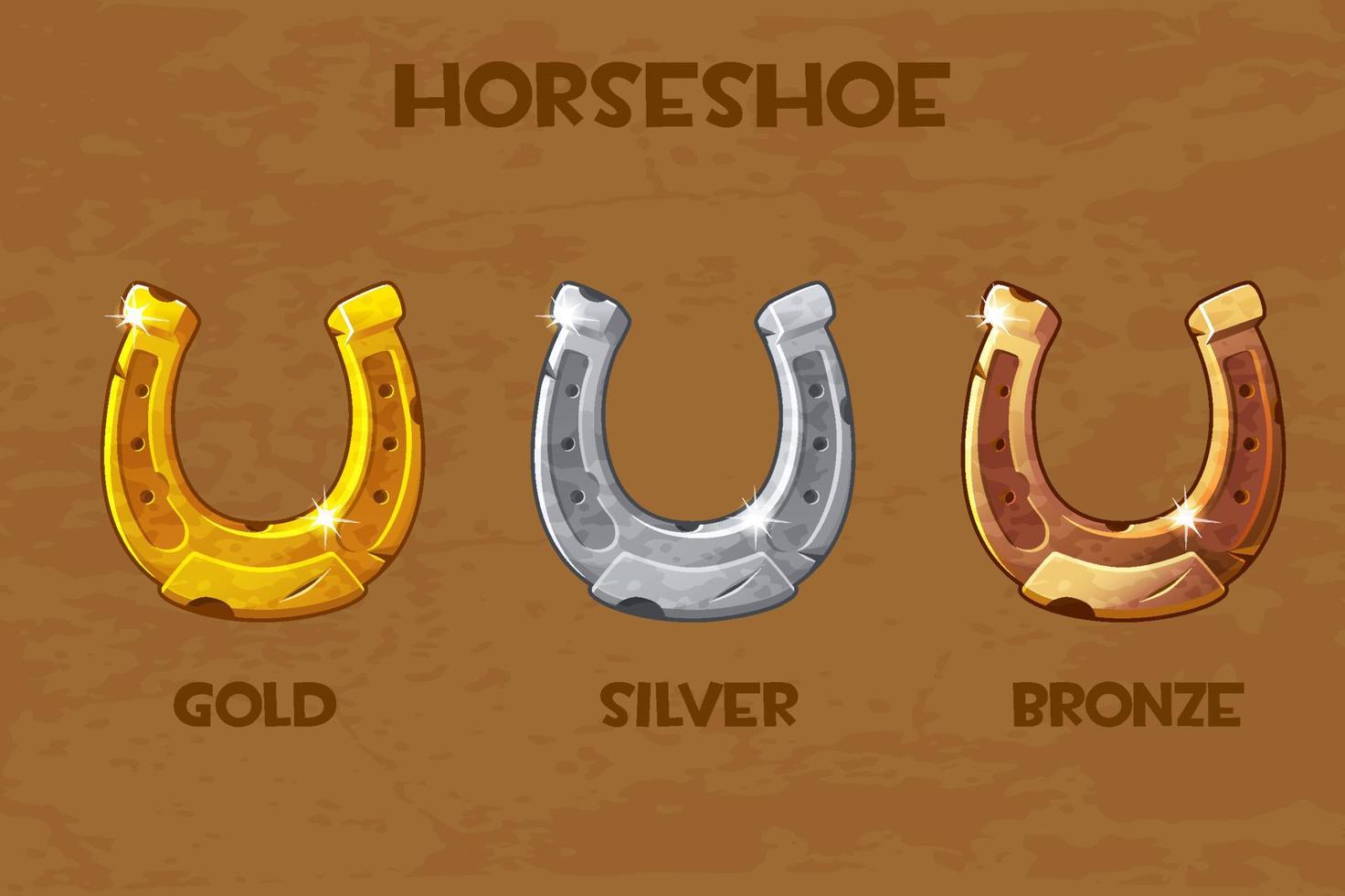 Vector set of old gold, bronze, silver horseshoes. llustration of an isolated metal horseshoe.